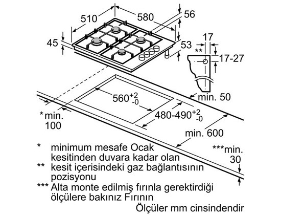 Bosch Serie | 2 PBH6C5B60O 60 cm Kendinden Kumandalı, Gazlı Ankastre Ocak Paslanmaz Çelik