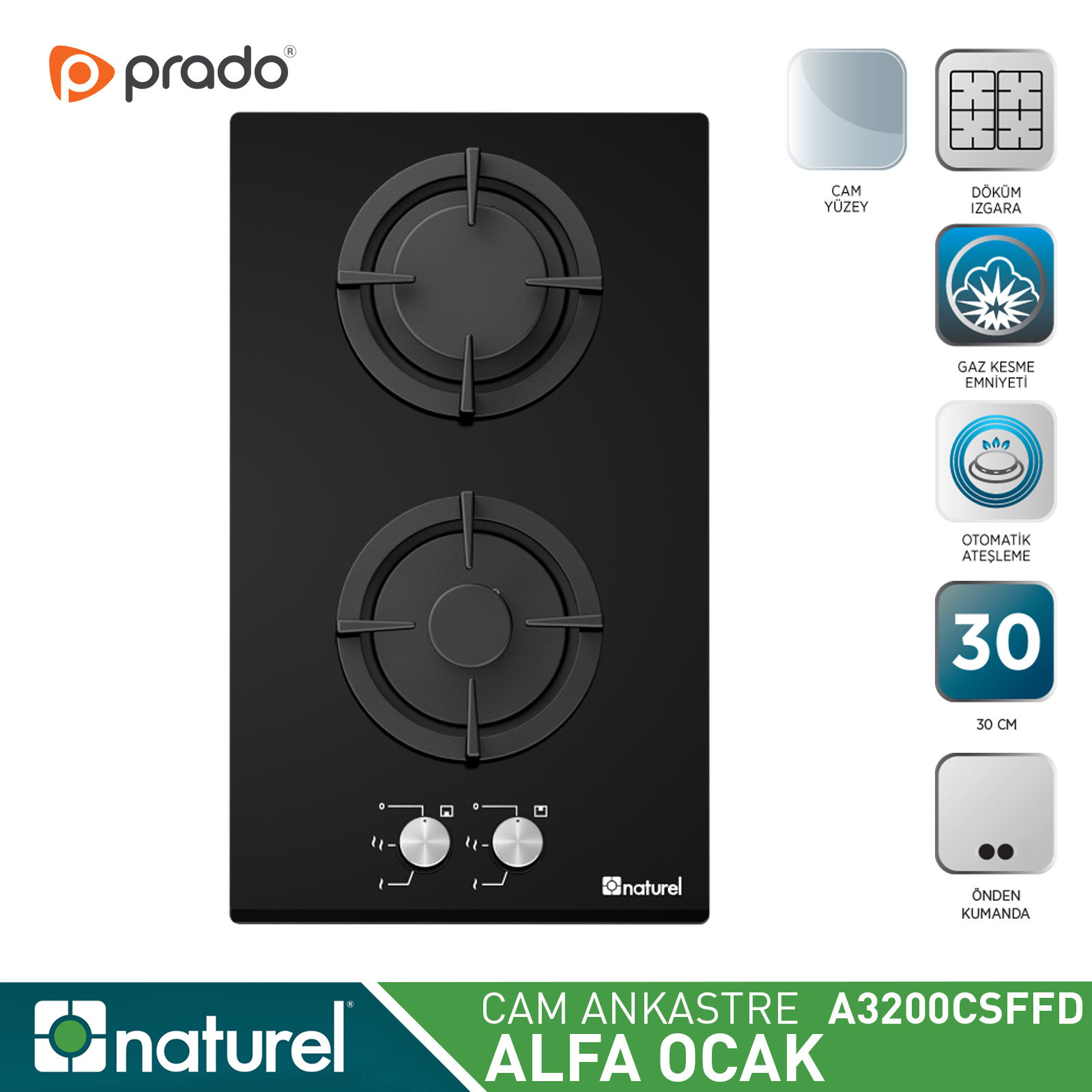 Naturel Alfa 30 Ankastre 2 Gözlü Domino Cam Ocak Siyah