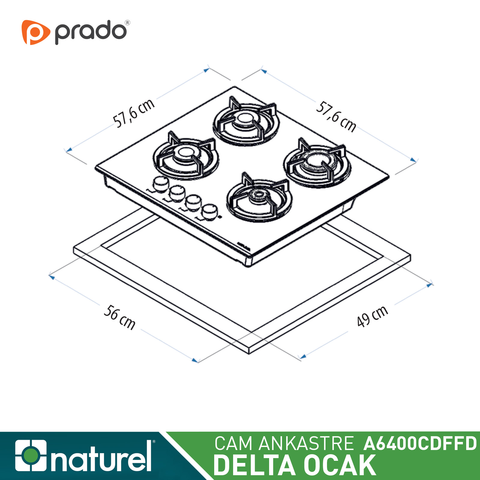 Naturel Delta 60 Eloksal Panel Ankastre Cam Ocak Siyah