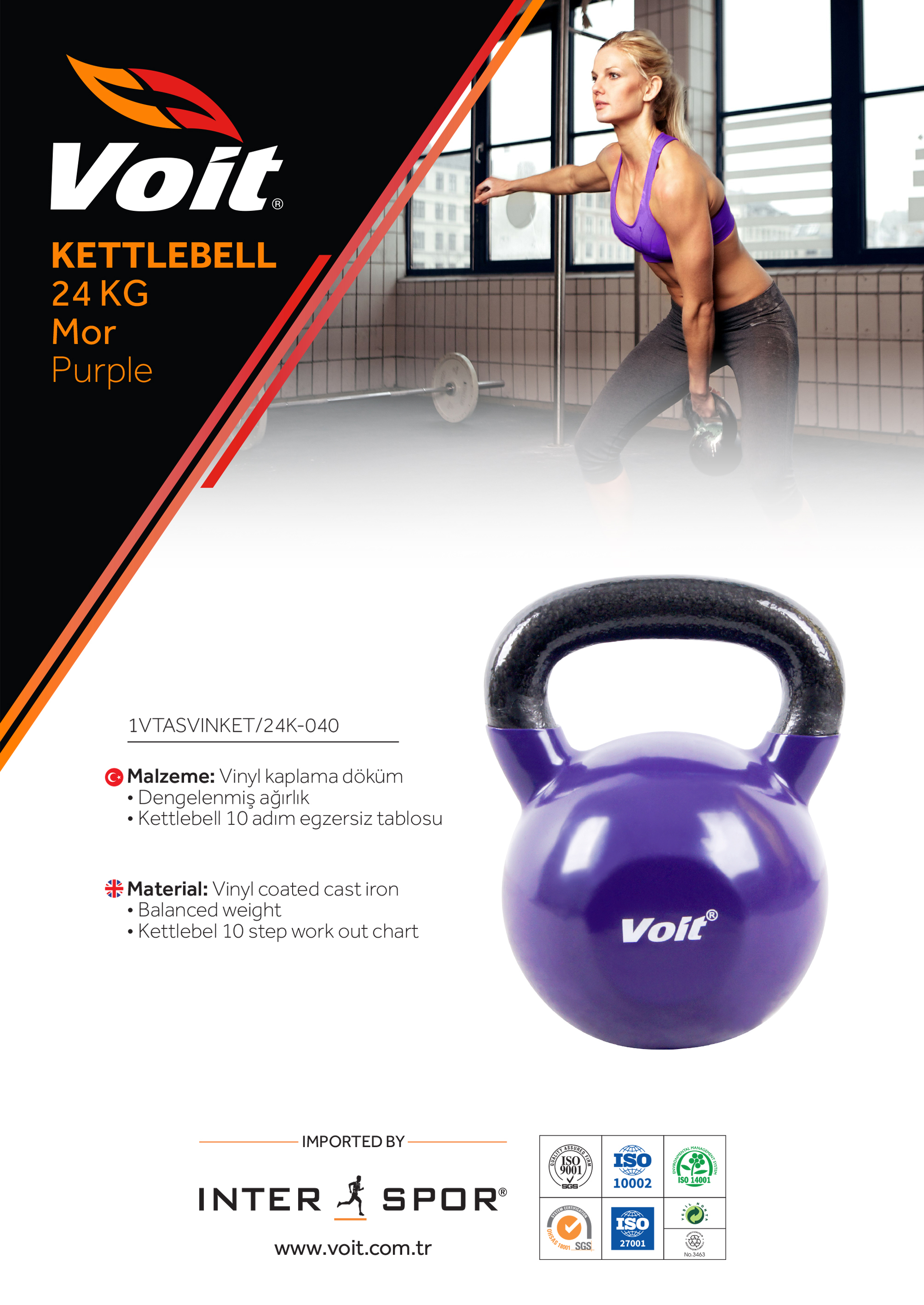 Voit Vınyl Kettlebell 24Kg Mor