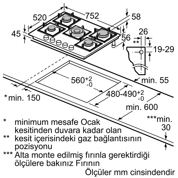 Bosch PPQ7A6B20 Kendinden Kumandalı, Gazlı Ankastre Ocak 75 cm