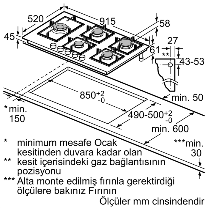 Bosch PPS9A6B90 Serie | 6 Gazlı Ocak, 90 cm Siyah